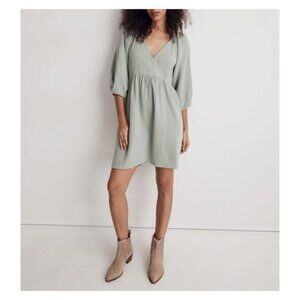 Madewell Lightweight Green Muslin Cotton Mini Faux-Wrap Dress Pockets Size XS